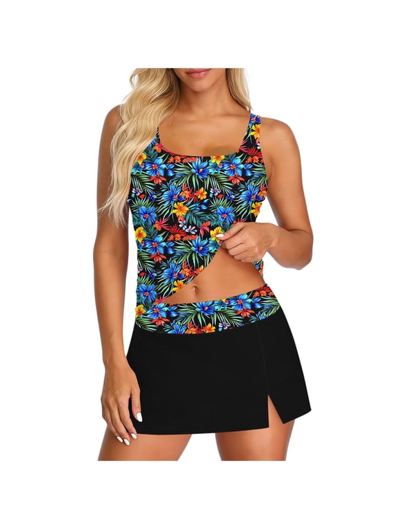 Womens Modest Tankini Swimsuits Fashion Floral Print 3 Piece Bathing Suit with Skirt Vacation Beach Swimwear