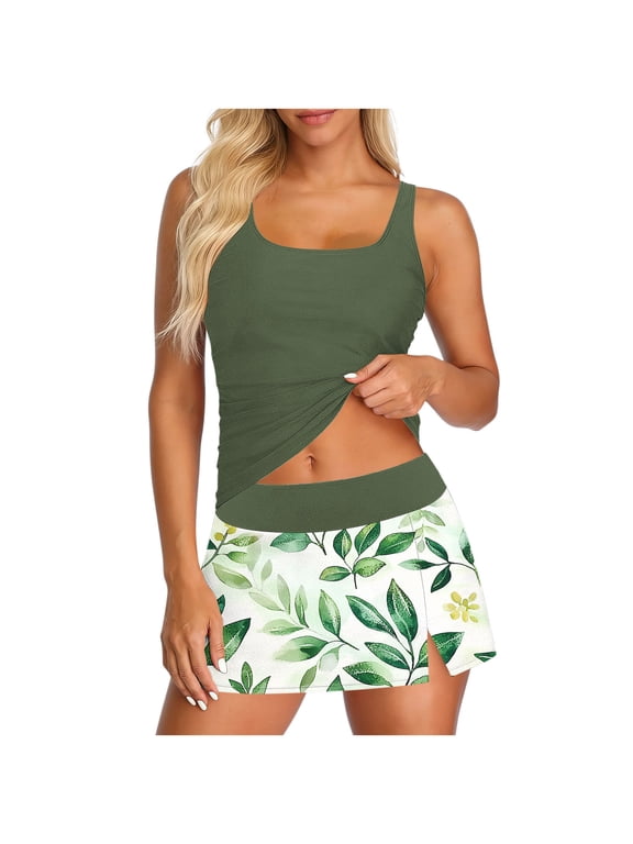 Womens Modest Tankini Swimsuits Fashion Floral Print 3 Piece Bathing Suit with Skirt Vacation Beach Swimwear