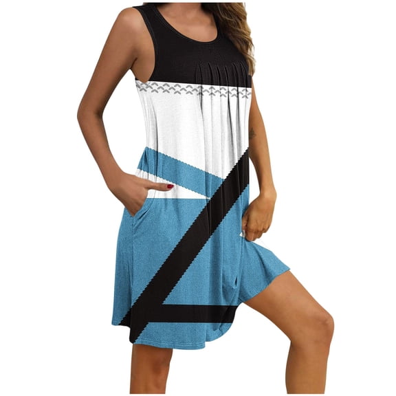 cocolona Womens Nightgown with Pockets Round Neck Sleeveless Sleepwear Pleated Front Nightshirt Summer Fashion Casual Color Block Sundress