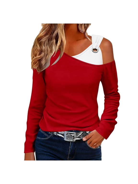 Womens Off Shoulder Tops Fashion Casual Solid Color Long Sleeve Shirts Dressy Casual Blouses