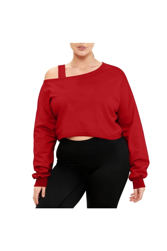 Womens Off The Shoulder Cropped Sweatshirt Fall Winter Solid Color Long Sleeve Shirts Fashion Casual Loose Pullover Tops