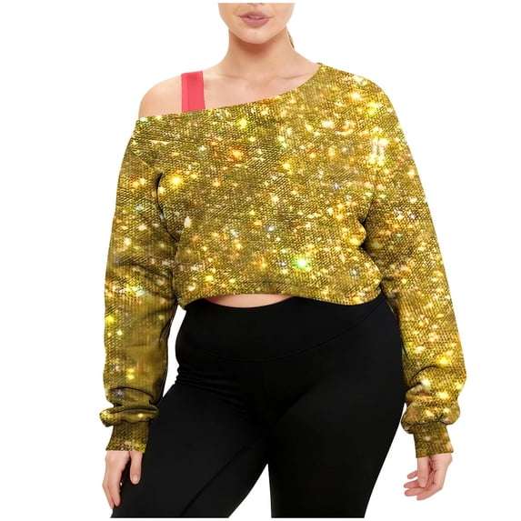 cocolona Womens Off The Shoulder Cropped Sweatshirt Fall Winter Sparkling Long Sleeve Shirts Fashion Casual Loose Pullover Tops