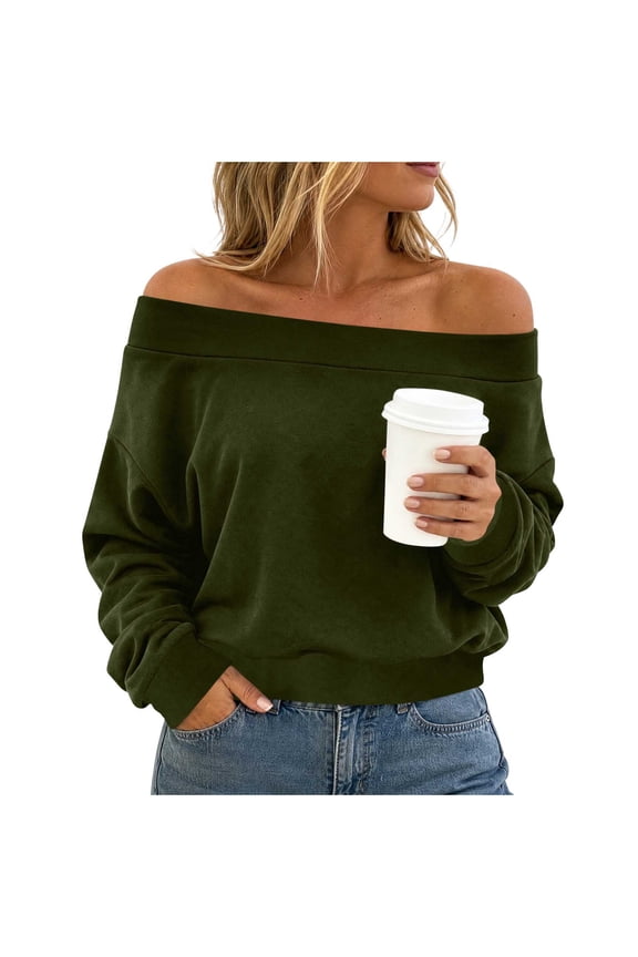 Womens Off the Shoulder Sweatshirts Cropped Solid Color Loose Pullover Top Drop Shoulder Oversized Blouses