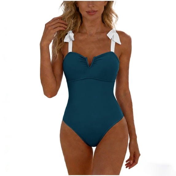 cocolona Womens One Piece Swimsuit Summer Solid Color V Neck Bathing Suit Holiday Vacation Beach Swimwear