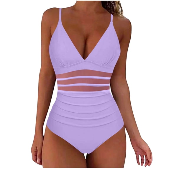cocolona Womens One Piece Tummy Control Swimsuits Summer Solid Color V Neck Mesh Patchwork Bathing Suit