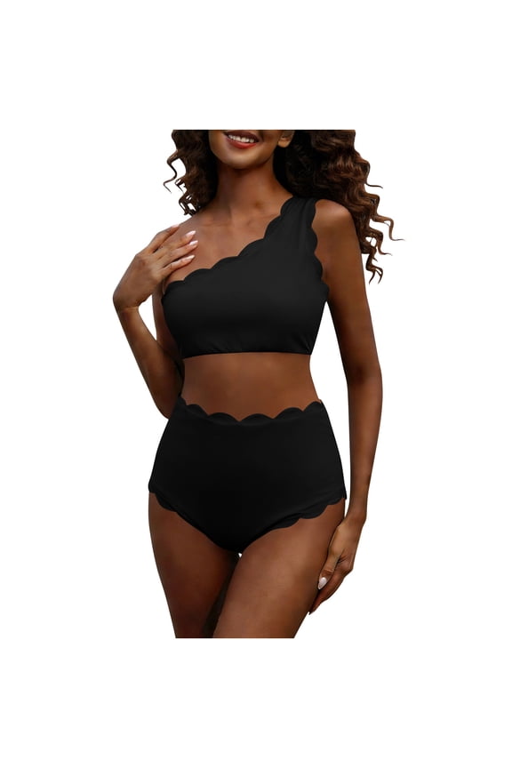 Womens One-shoulder Bikini Sets Fashion Solid Color Wavy Hem High Waisted Two Piece Bathing Suits
