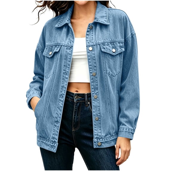 cocolona Womens Oversized Denim Jacket Long Sleeve Button Down Classic Jean Jacket Loose Fit Trucker Coat