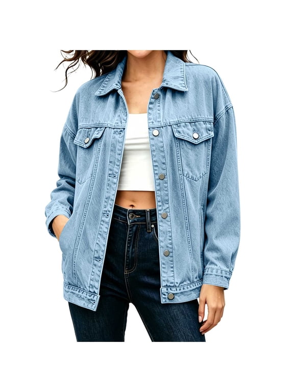 Womens Oversized Denim Jacket Long Sleeve Button Down Classic Jean Jacket Loose Fit Trucker Coat