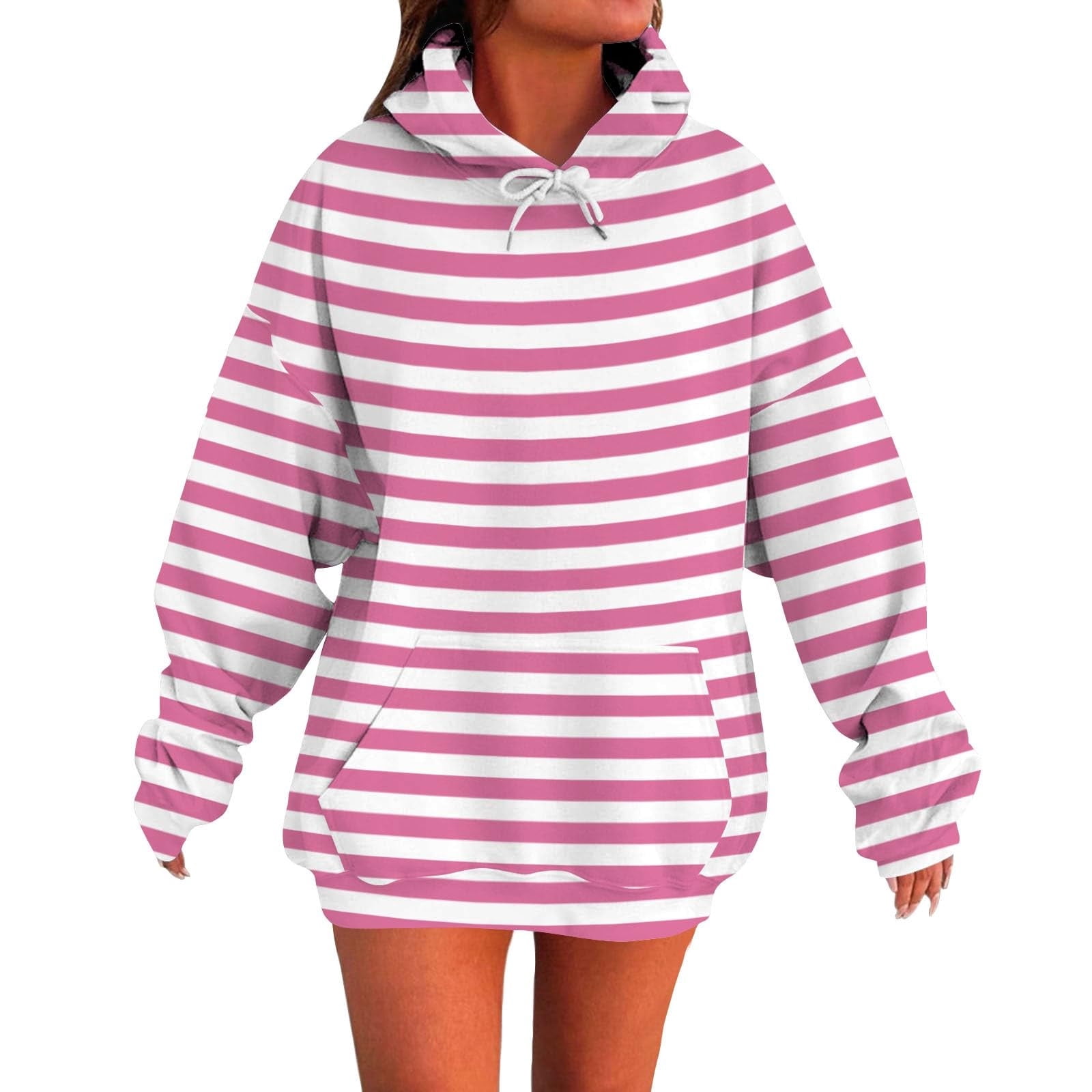 Biucly Women's Casual Oversized Hoodie - Lightweight Striped Pullover With Drawstring Hood