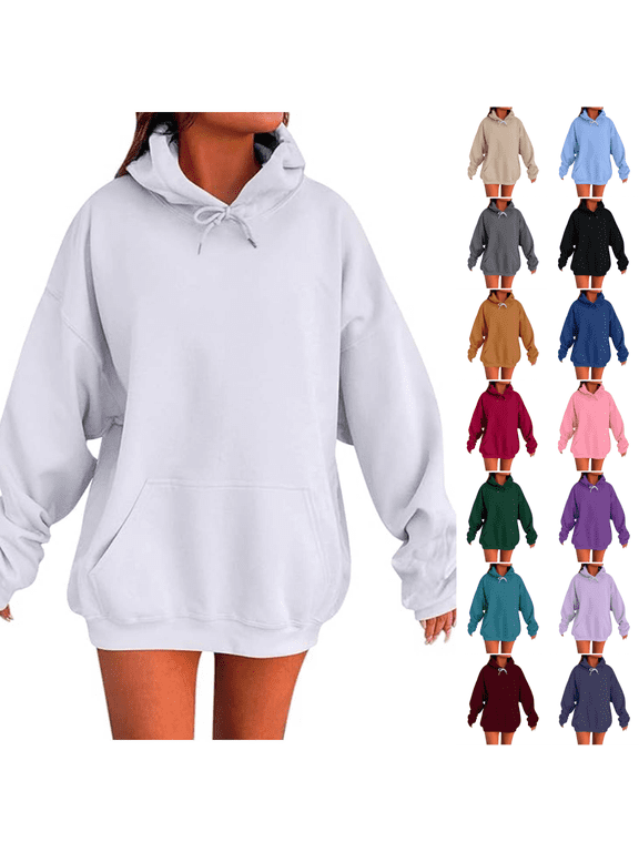 Womens Oversized Hoodies Fall Long Sleeve Drawstring Hooded Sweatshirts Fashion Casual Solid Color Pullover Tops with Pockets
