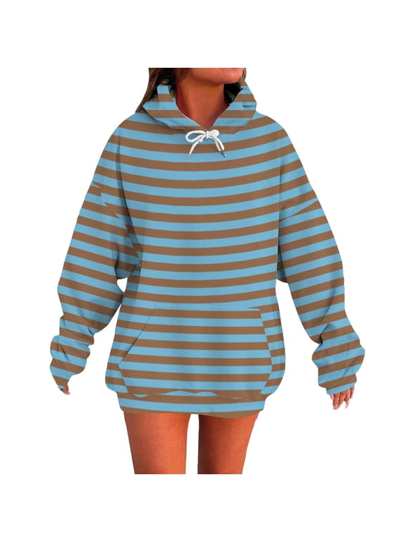 Womens Oversized Hoodies Fall Long Sleeve Drawstring Hooded Sweatshirts Fashion Casual Striped Print Pullover Tops with Pockets