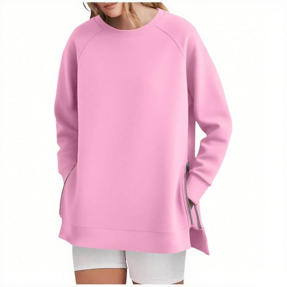 cocolona Womens Oversized Sweatshirt Fall Crewneck Long Sleeve Shirts Fashion Casual Solid Pullover Tops with Side Zipper
