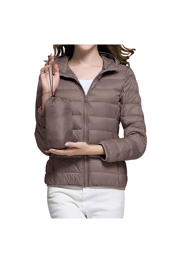 Womens Packable Puffer Jackets Long Sleeve Zip Up Quilted Jackets Winter Warm Lightweight Hooded Puffer Coat Down Jacket with Pockets