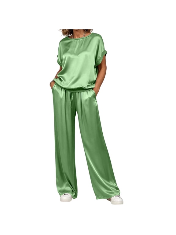 Womens Pajama Sets Short Sleeve Tops and Drawstring Pants 2 Piece Solid Color Matching Outfits Set