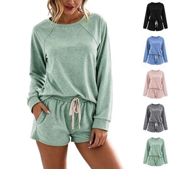 cocolona Womens Pajamas Set Casual Long Sleeve Tops with Drawstring Shorts Matching Outfits Set Breathable Lounge Sleepwear