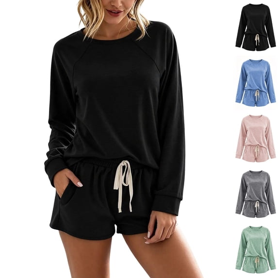 cocolona Womens Pajamas Set Casual Long Sleeve Tops with Drawstring Shorts Matching Outfits Set Breathable Lounge Sleepwear