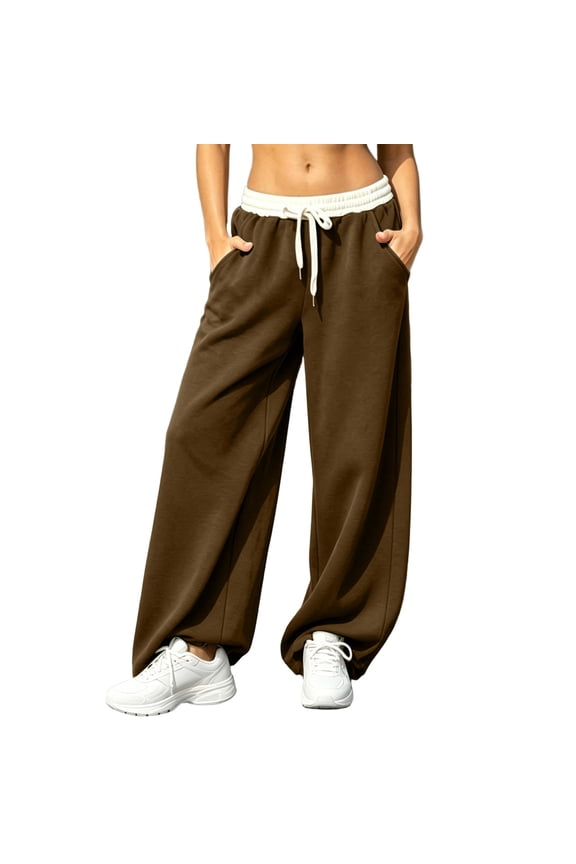 Womens Patchwork Fleece Sweatpants Elastic Waist Drawstring Wide Leg Gym Workout Pants with Pockets