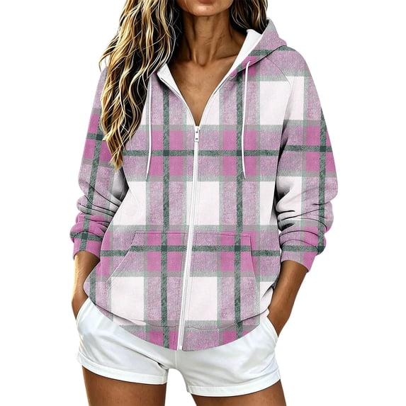 cocolona Womens Plaid Hoodies Casual Long Sleeve Zipper Vintage Sweatshirts Hooded Drawstring Fall Trendy Outfits
