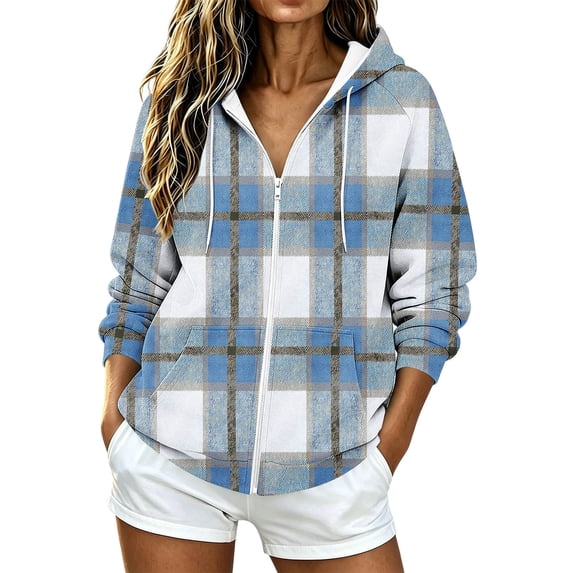 cocolona Womens Plaid Hoodies Casual Long Sleeve Zipper Vintage Sweatshirts Hooded Drawstring Fall Trendy Outfits