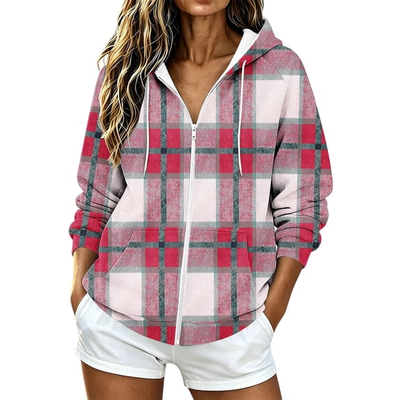 cocolona Womens Plaid Hoodies Casual Long Sleeve Zipper Vintage Sweatshirts Hooded Drawstring Fall Trendy Outfits