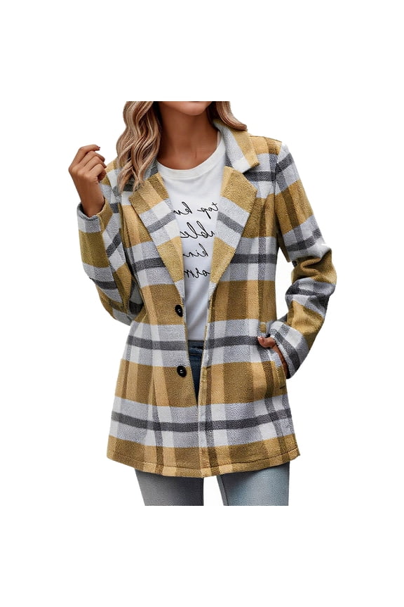 Womens Plaid Shacket Fall Flannel Jacket Winter Long Sleeve Button Lapel Wool Coats Business Casual Office Suit Jacket Blazer