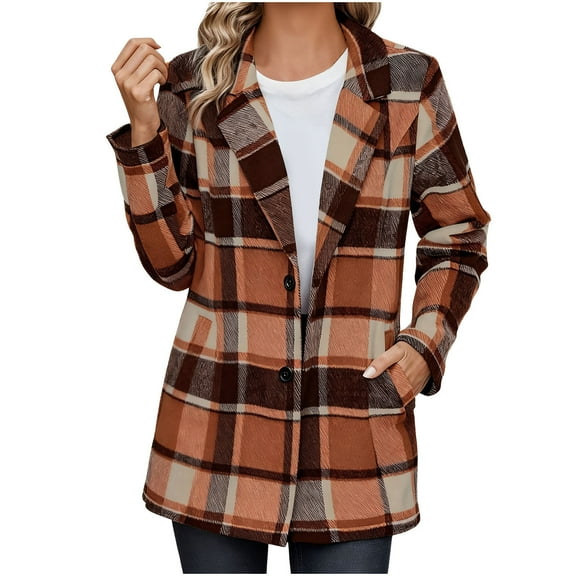 cocolona Womens Plaid Shacket Fall Flannel Jacket Winter Long Sleeve Button Lapel Wool Coats Business Casual Office Suit Jacket Blazer