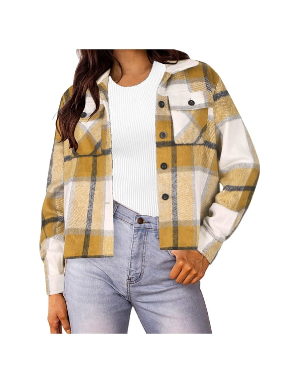 Womens Plaid Shacket Fall Long Sleeve Button Lapel Cropped Jacket Coats Flannel Shirt with Pockets