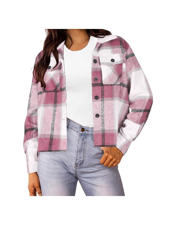 Womens Plaid Shacket Fall Long Sleeve Button Lapel Cropped Jacket Coats Flannel Shirt with Pockets