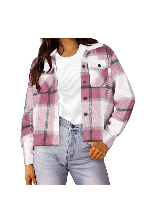 Womens Plaid Shacket Fall Long Sleeve Button Lapel Cropped Jacket Coats Flannel Shirt with Pockets