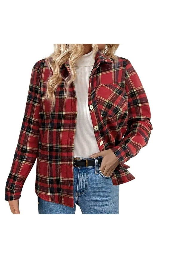 Womens Plaid Shacket Fall Winter Long Sleeve Button Lapel Fleece Jacket Coats Flannel Shirt with Pockets