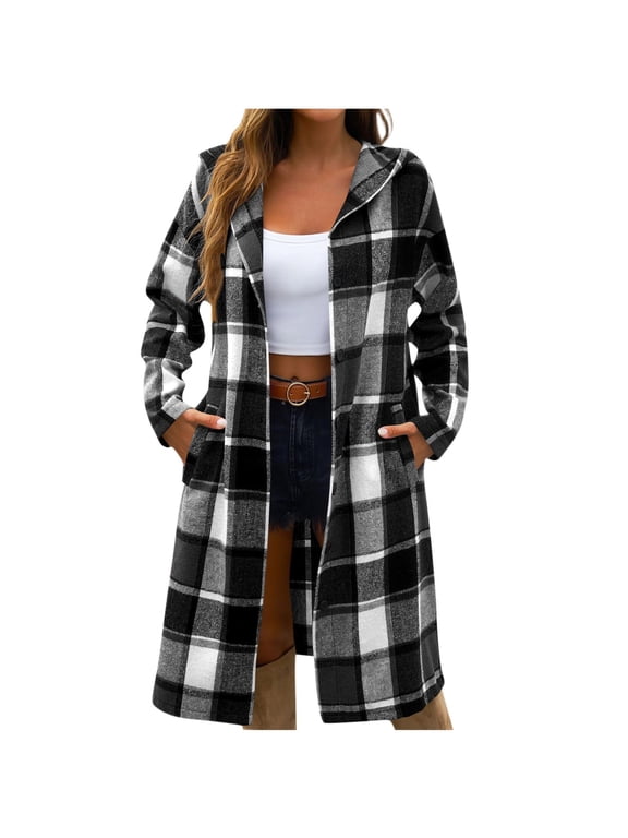 Womens Plaid Trench Coat Long Sleeve Casual Oversized Hooded Shacket Winter Button Front Cardigan Coats with Pockets