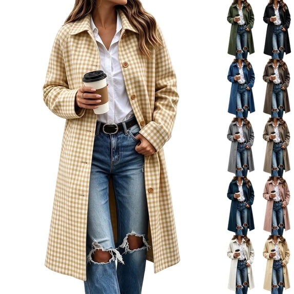 cocolona Womens Plaid Trench Coat Oversized Trendy Button Down Open Front Overcoat Elegant Casual Fall Winter Long Jacket