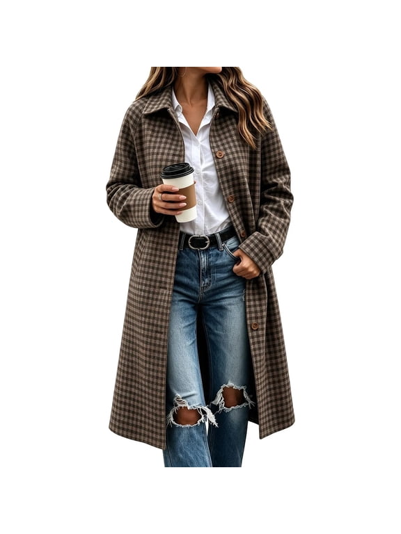 Womens Plaid Trench Coat Oversized Trendy Button Down Open Front Overcoat Elegant Casual Fall Winter Long Jacket