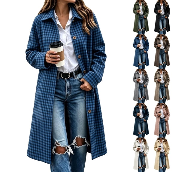 cocolona Womens Plaid Trench Coat Oversized Trendy Button Down Open Front Overcoat Elegant Casual Fall Winter Long Jacket