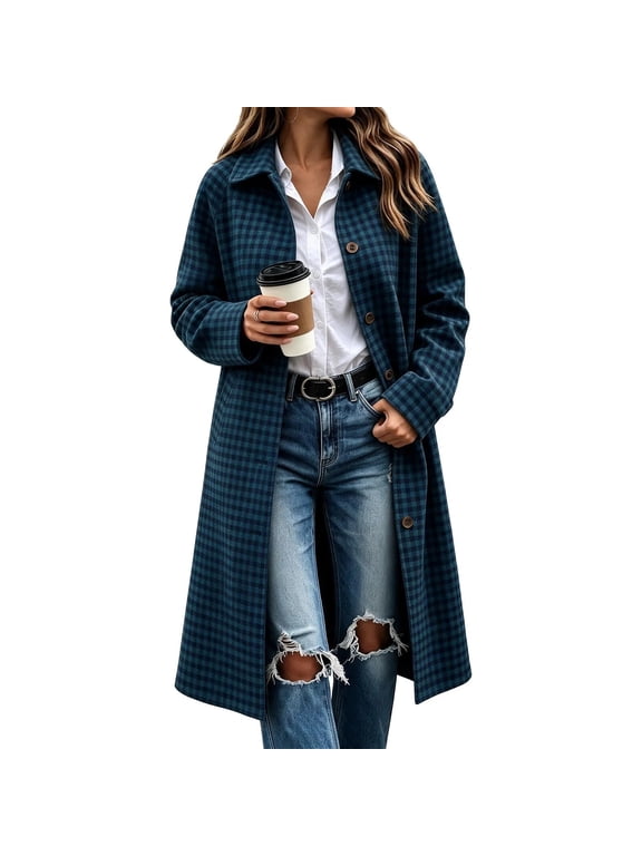 Womens Plaid Trench Coat Oversized Trendy Button Down Open Front Overcoat Elegant Casual Fall Winter Long Jacket