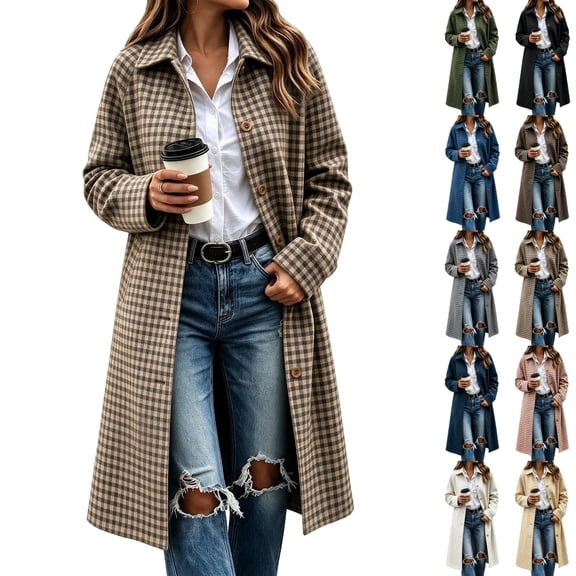 cocolona Womens Plaid Trench Coat Oversized Trendy Button Down Open Front Overcoat Elegant Casual Fall Winter Long Jacket