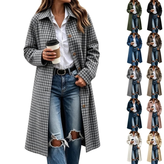 cocolona Womens Plaid Trench Coat Oversized Trendy Button Down Open Front Overcoat Elegant Casual Fall Winter Long Jacket