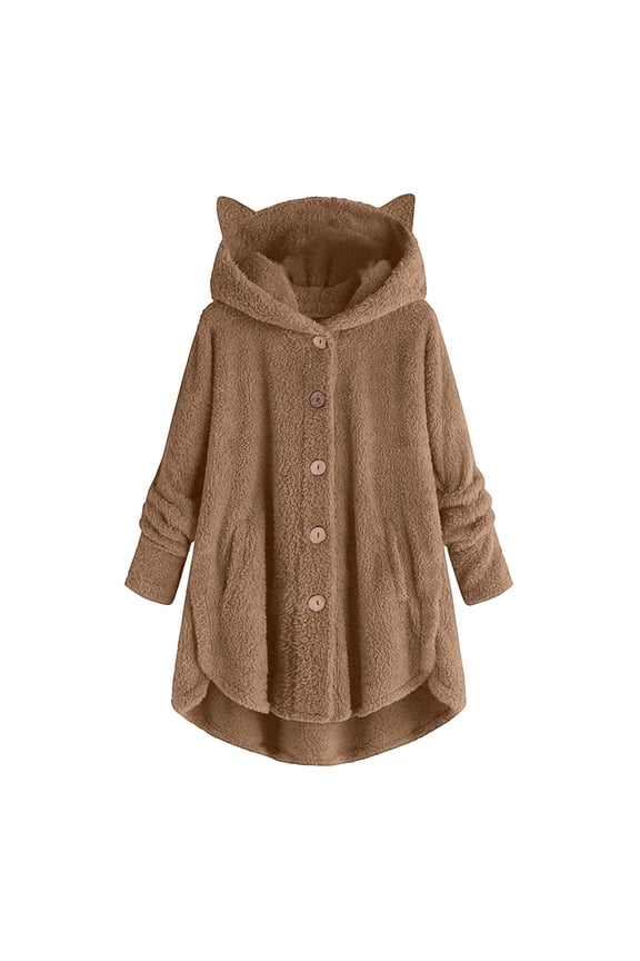 Womens Plus Size Coat Fall Winter Fuzzy Fleece Jackets Long Sleeve Button Up Hooded Jacket Coats with Ears