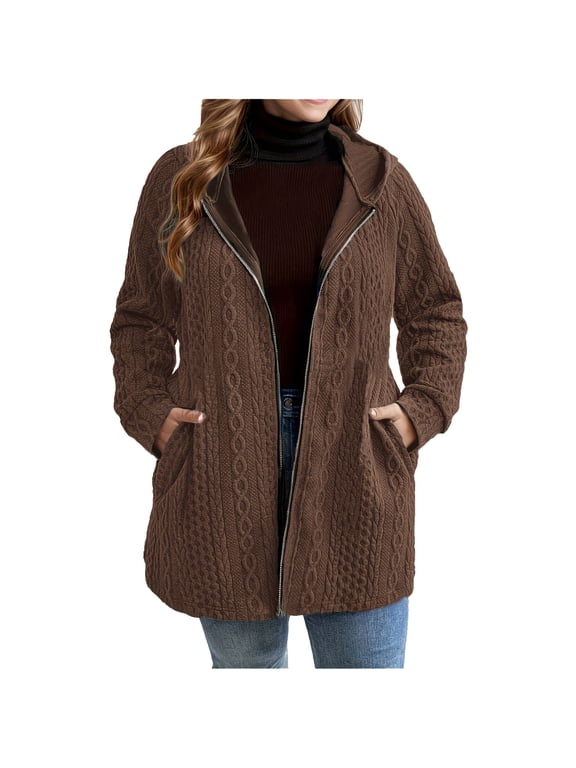 Womens Plus Size Hooded Coat Fall Winter Long Sleeve Zip Up Jacket Trendy Casual Solid Color Loose Outwear with Pockets