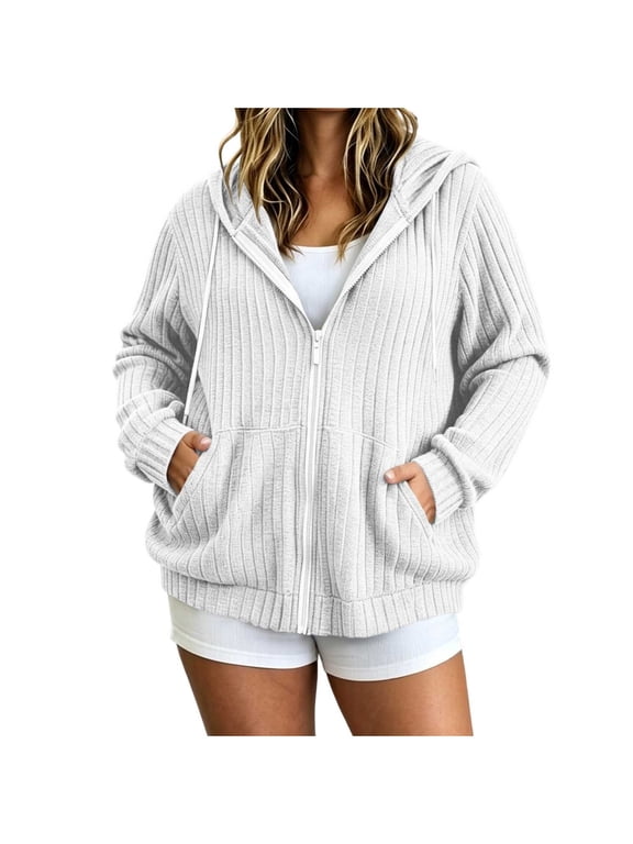 Womens Plus Size Knit Cardigan Oversized Long Sleeve Hooded Drawstring Jacket Solid Color Casual Zipper Fall Tops
