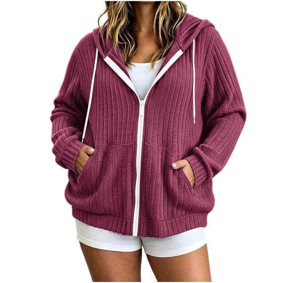 cocolona Womens Plus Size Knit Cardigan Oversized Long Sleeve Hooded Drawstring Jacket Solid Color Casual Zipper Fall Tops