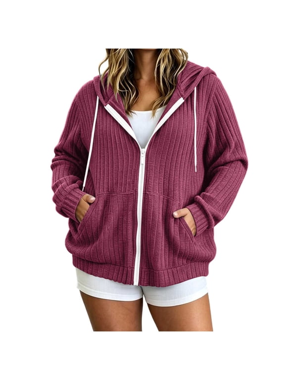 Womens Plus Size Knit Cardigan Oversized Long Sleeve Hooded Drawstring Jacket Solid Color Casual Zipper Fall Tops