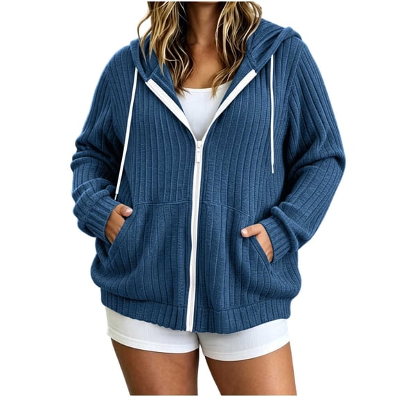 cocolona Womens Plus Size Knit Cardigan Oversized Long Sleeve Hooded Drawstring Jacket Solid Color Casual Zipper Fall Tops