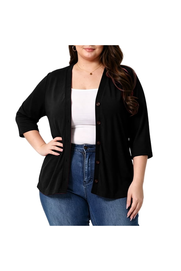 Womens Plus Size Lightweight Cardigans Button Down 3/4 Sleeve Solid Color Open Front Cover Up Casual Loose Outerwear