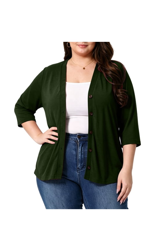 Womens Plus Size Lightweight Cardigans Button Down 3/4 Sleeve Solid Color Open Front Cover Up Casual Loose Outerwear