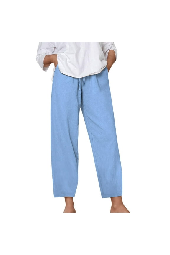 Womens Plus Size Linen Pants Elastic Waist Drawstring Straight Leg Pants Casual Loose Cropped Pants Beach Vacation Clothes