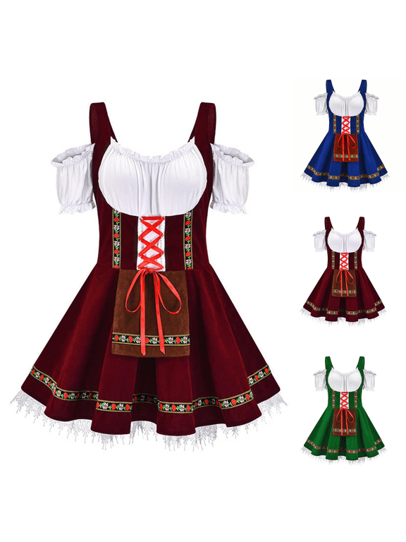 Womens Plus Size Oktoberfest Dirndl Dress Beer Festival Shorts Sleeve Costume Dress