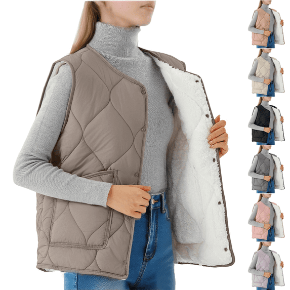 cocolona Womens Plus Size Puffer Vest Casual Sleeveless Down Jacket Fleece Quilted Vest Winter Fashion Solid Color Coats Outwear