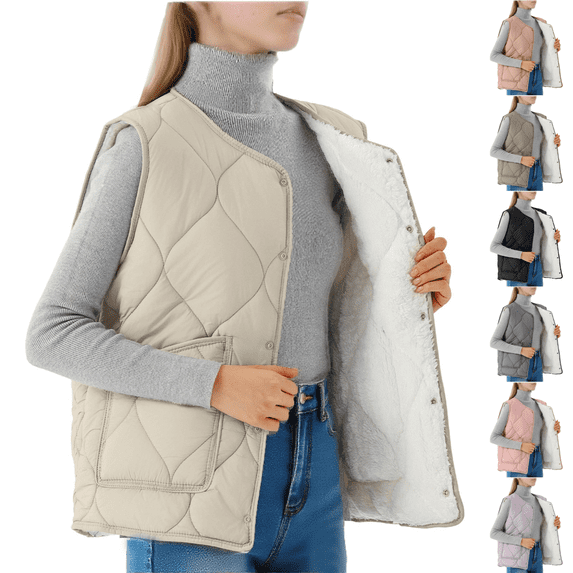 cocolona Womens Plus Size Puffer Vest Casual Sleeveless Down Jacket Fleece Quilted Vest Winter Fashion Solid Color Coats Outwear