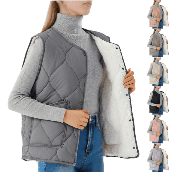 cocolona Womens Plus Size Puffer Vest Casual Sleeveless Down Jacket Fleece Quilted Vest Winter Fashion Solid Color Coats Outwear